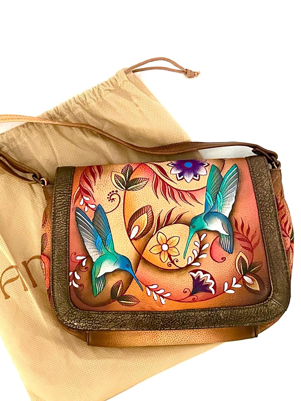 Anuschka Hand-Painted Leather Teal Hummingbird Crossbody Bag New - Picture 2 of 16